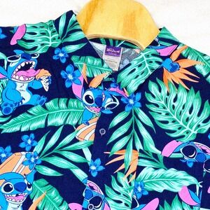 Disney Stitch Button Down Shirt Mens XXL Navy Blue Tropical Floral Lilo & Stitch